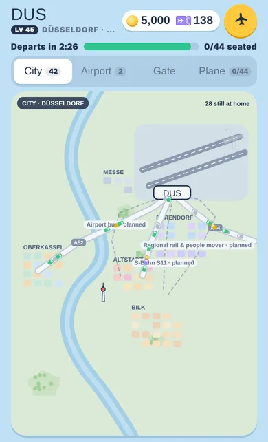 Stadtkarte von Düsseldorf mit Linien für S-Bahn, Regionalbahn und Flughafenbus zum Flughafen DUS.