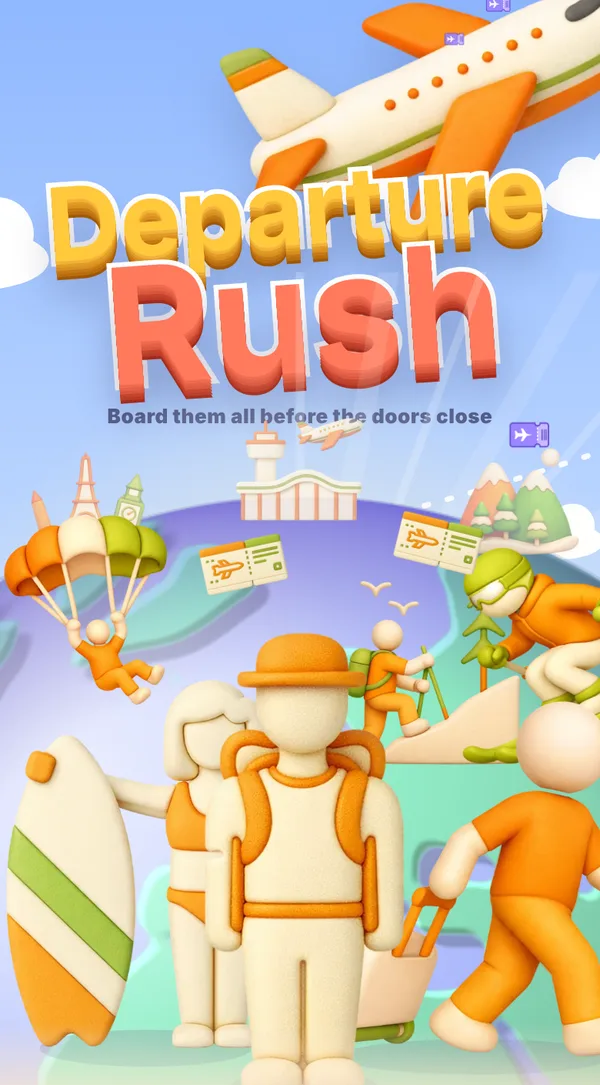Titelbild von Departure Rush: ein Flugzeug über dem Schriftzug, darunter Reisende mit Surfbrett, Rucksack, Rollkoffer, Ski und Fallschirm vor einer Weltkugel.